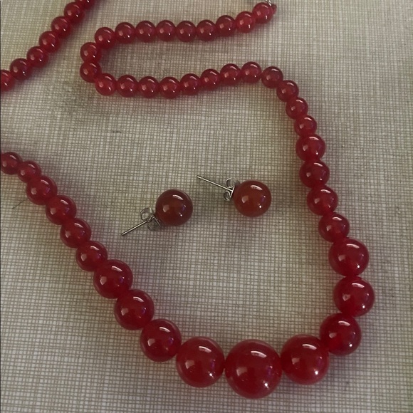 New Pretty artisan handcrafted red jade jadeite gemstone necklace gift earrings - Picture 6 of 8